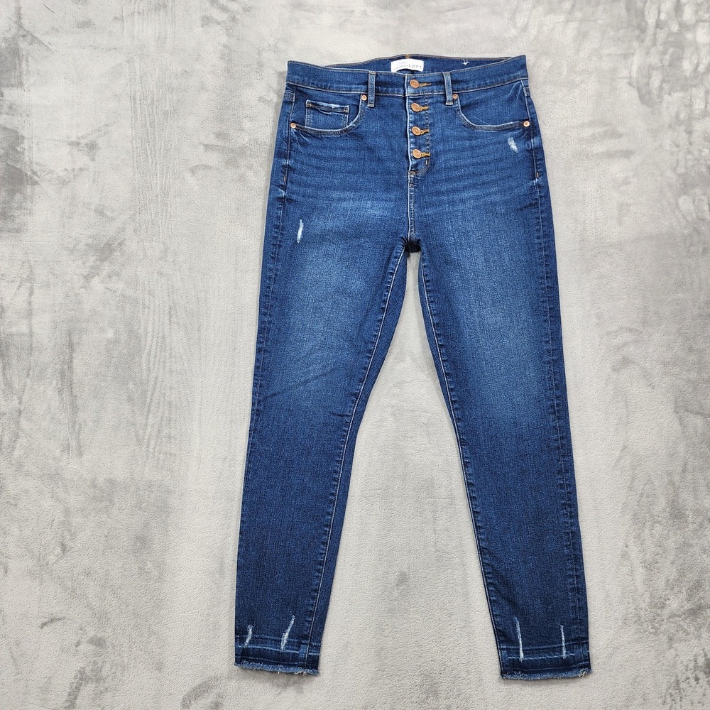 LOFT Jeans Womens 10 Blue High Rise Skinny Crop Button Fly Distressed Stretch